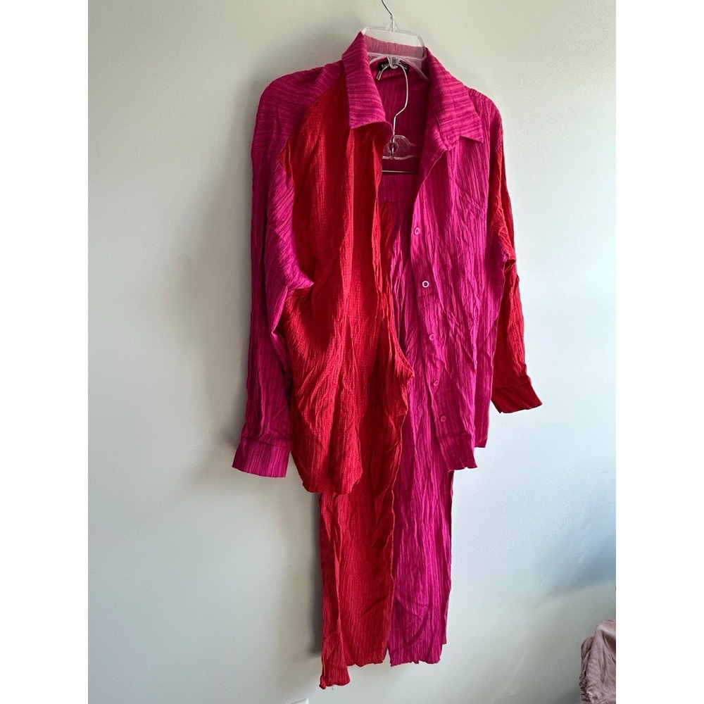 Women's 2 Pc Crinkle Texture Wide Leg Pants Shirt Oversized Color Block - Picture 8 of 8